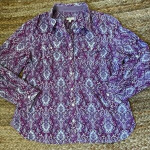 Talbots Large Petite Magenta Paisley 100% Cotton Light Weight Button Down Blouse